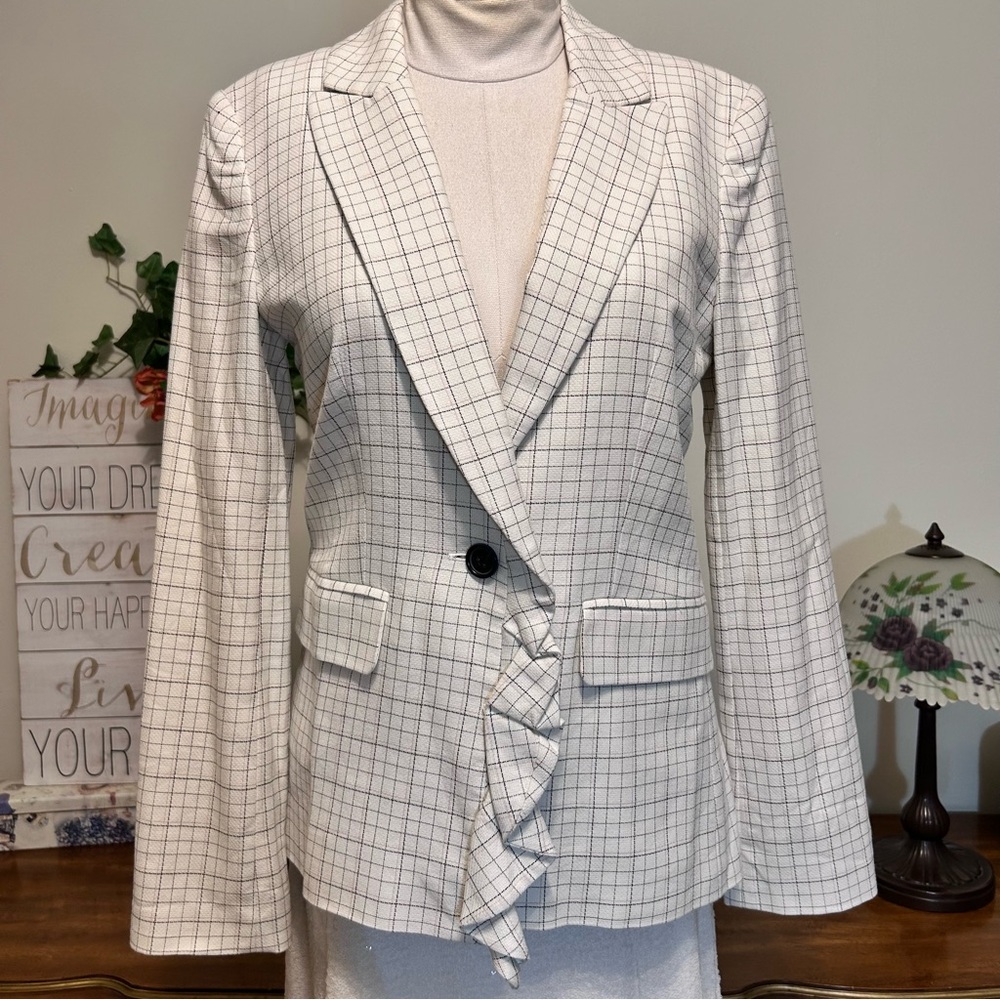 Joie Villette Porcelain Plaid White Black & Pink Ruffle Front Jacket Blazer NEW